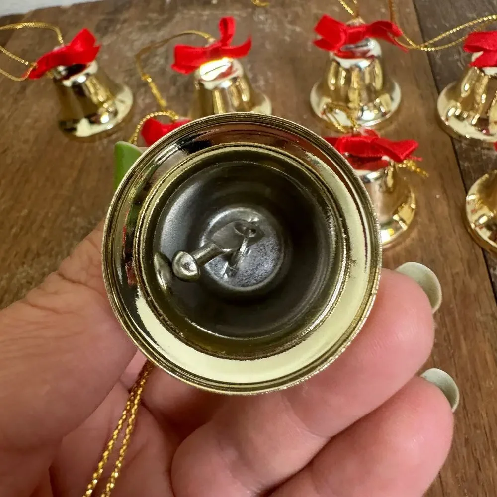 Set of‎ 10 Metal Gold Bells Red Bow Christmas Ornament bundle Lot